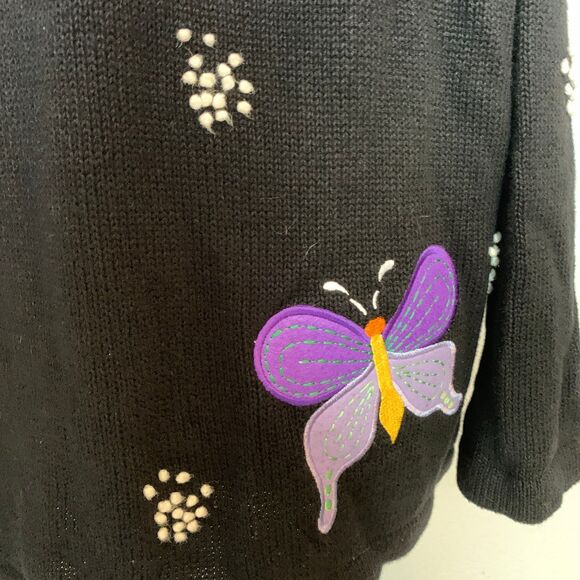 The Quacker Factory Women's 1X Button Up Cardigan Black w/ Butterflies - Picture 9 of 13